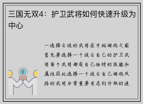 三国无双4：护卫武将如何快速升级为中心